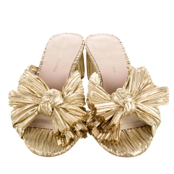 $395 Loeffler Randall Emilia Penny slides mules Gold pleated knot bow 5.5 - Picture 6 of 8